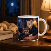 Representative lifestyle visualization of the One More Story Please ceramic mug in a cozy bedside reading scene