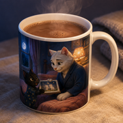 Representative visualization of the One More Story Please ceramic mug rim, glossy glaze and warm beverage in use