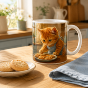 Representative lifestyle visualization of Orange Kitten Snack Supervisor ceramic mug in a breakfast setting