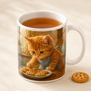 Representative visualization of Orange Kitten Snack Supervisor ceramic mug rim, glaze and beverage use detail