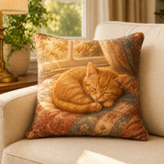Orange Kitten Sunbeam Nap throw pillow with polyester insert, representative sofa lifestyle view of front artwork