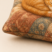 Orange Kitten Sunbeam Nap throw pillow cover, representative polyester weave, print, seam and concealed zipper detail