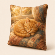 Orange Kitten Sunbeam Nap double-sided throw pillow, representative reverse three-quarter view with matching artwork