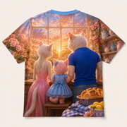 Oven Mitt Rescue — All-Over Print T-Shirt — inferred back view with complementary rear artwork — The Fluffy Fam