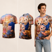 Oven Mitt Rescue all-over print T-shirt — inferred back, three-quarter side, and adult model views