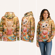 Paper Chain Circle — All-Over Print Hoodie inferred back, three-quarter side and adult model views — The Fluffy Fam