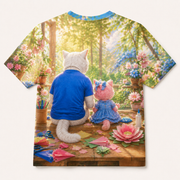 Paper Flower Bouquet — All-Over Print T-Shirt — inferred back view with complementary rear artwork — The Fluffy Fam