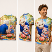 Paper Flower Bouquet — All-Over Print T-Shirt inferred back, three-quarter side and adult model views — The Fluffy Fam
