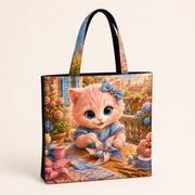 Black-base Paper Pinwheel Workshop cotton canvas tote in a three-quarter view with full-face front artwork only