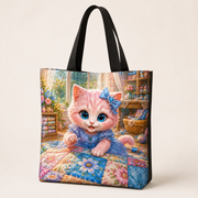 Patchwork Quilt Square tote in the Black color variant, three-quarter front view with full-face Pink Kitten artwork