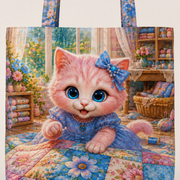 Patchwork Quilt Square Natural tote exterior detail showing cotton weave, long-handle stitching and full-face print texture