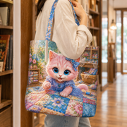 Representative shoulder-carry view of Patchwork Quilt Square Natural tote with full-face front artwork clearly visible