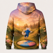 Patchwork Somersault — All-Over Print Hoodie — inferred back view with complementary rear artwork — The Fluffy Fam