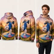 Patchwork Somersault all-over print hoodie — inferred back, three-quarter side, and adult model views