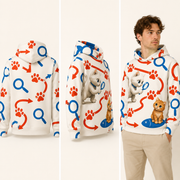 Pawprint Evidence Loop pullover hoodie — inferred continuous back, three-quarter side, and adult model views