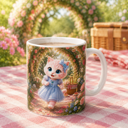 Representative lifestyle visualization of Picnic-Hamper Finish Line ceramic mug in a bright flower garden picnic
