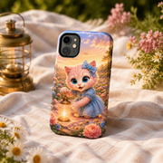 Picnic Lantern Lighting tough phone case on a flower-strewn picnic blanket with Pink Kitten artwork visible; props not included
