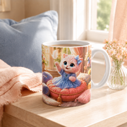 Pillow Feather Float ceramic mug, representative lifestyle visualization in a bright cozy morning nook