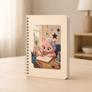 Pink Kitten Big Ideas spiral notebook, representative neutral desk lifestyle view of the printed laminated cover