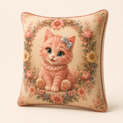 Reverse three-quarter view of the filled Pink Kitten Bow Portrait pillow with the same double-sided artwork