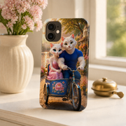 Pond Promenade Pedal tough phone case on a sunlit entryway console with Mom and Dad Cat artwork visible; props not included