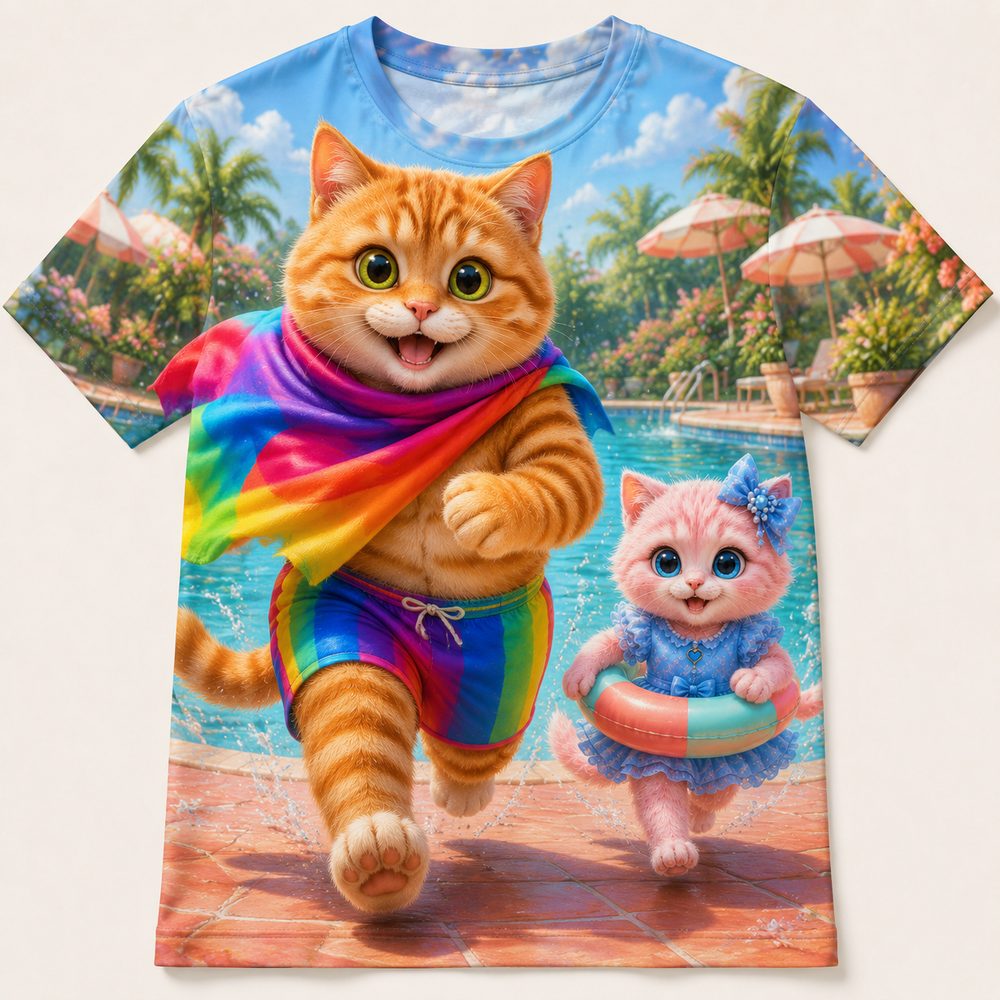 Pool Day Hero all-over print T-shirt front view with the Rainbow Shorts Orange Cat and Pink Kitten