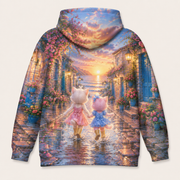 Puddle Boot Heart Splash — All-Over Print Hoodie — inferred back view with complementary rear artwork — The Fluffy Fam