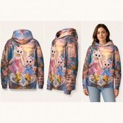 Puddle Boot Heart Splash — All-Over Print Hoodie — inferred back, side and adult model views from approved front artwork
