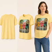 Puddle Jump Team kids T-shirt — inferred plain back, three-quarter side, and adult model views