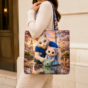 Puddle Reflection Portrait canvas tote, representative shoulder-carry lifestyle view; full-face front artwork, reverse plain