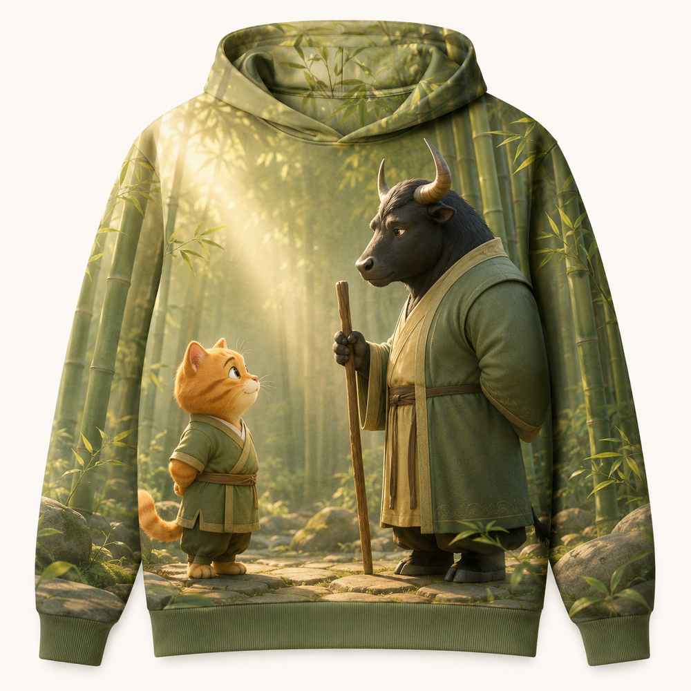 Front view of a sage green all-over print hoodie featuring an orange cat student listening to a dark ox master in a sunlit bamboo grove.