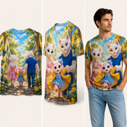 Raincoat Twirl Break — All-Over Print T-Shirt — inferred back, side and adult model views from approved front artwork