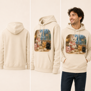 Rainy Day Tea — Pullover Hoodie — inferred back, side and adult model views from approved front artwork