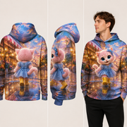 Rainy Reflection Puddle — All-Over Print Hoodie — inferred back, side and adult model views from approved front artwork