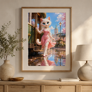 Rainy Tram Step Splash art print in a representative framed living space; frame and mat not included