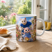 Representative lifestyle visualization of the Ranunculus Rain-Boot Dance ceramic mug in a bright post-rain garden breakfast setting