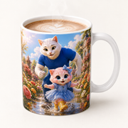 Representative product visualization showing the Ranunculus Rain-Boot Dance ceramic mug rim, glossy glaze, handle and warm beverage