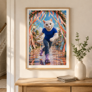 Ribbon Arch Roller Glide art print in a representative light-oak frame and family hallway — frame and mat not included