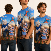 Rooftop Kite Repair all-over print T-shirt back, side and model views — The Fluffy Fam