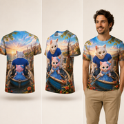 Rowboat Ribbon Launch all-over print T-Shirt — inferred back, three-quarter and natural model views — The Fluffy Fam