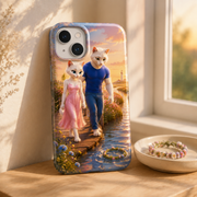 Seagrass Crown Float tough phone case by a sunlit window with Mom and Dad Cat artwork visible; props not included