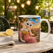 Representative lifestyle visualization of the Shady Hydration Cheer ceramic mug on a shaded outdoor table
