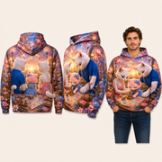 Shape Stamp Workshop — All-Over Print Hoodie — inferred back, side and adult model views from approved front artwork