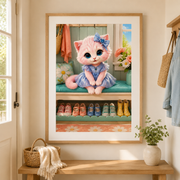 Shoe Pair Lineup art print in a representative light-oak frame and organized entryway — frame and mat not included