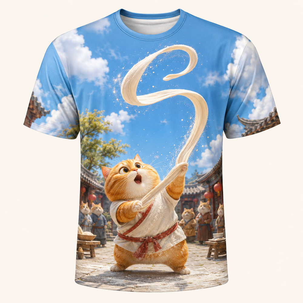 Front view of the Skyward Dough Toss all-over print T-shirt with an orange cat beneath a floating spiral of dough