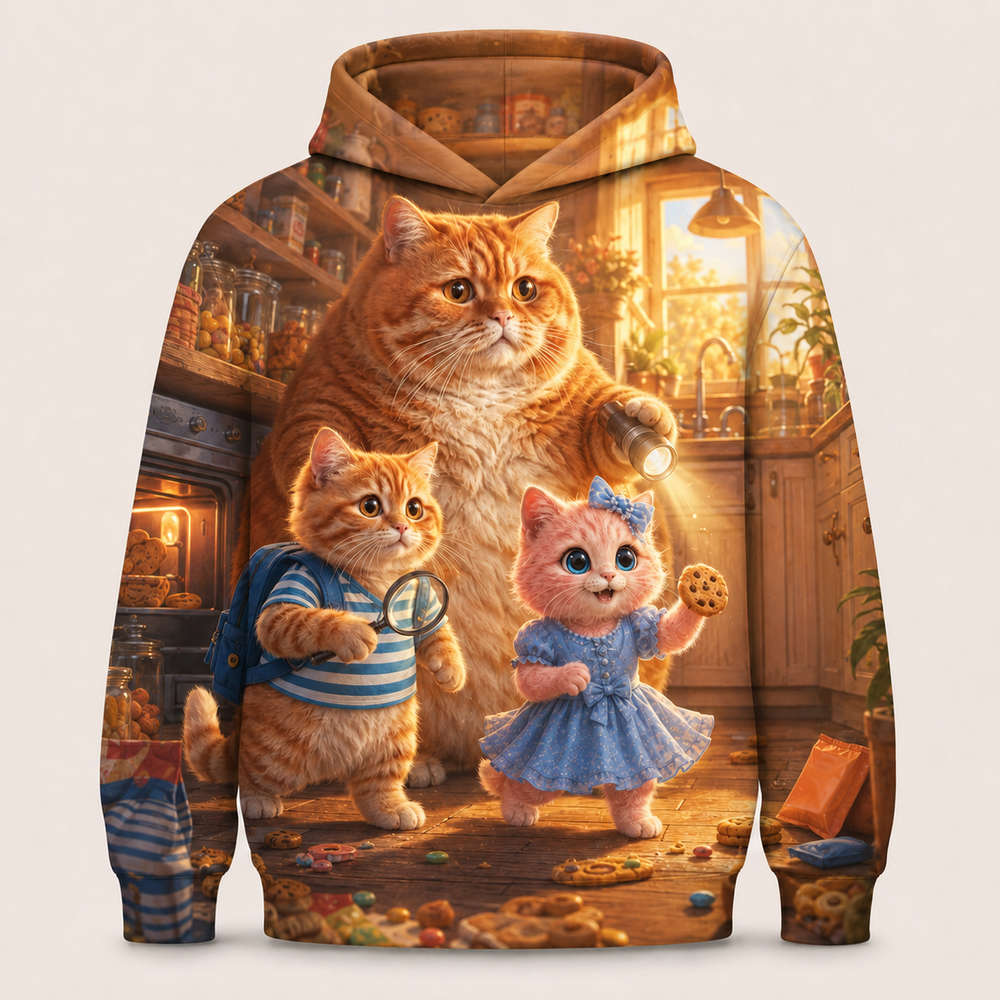 Snack Patrol all-over print hoodie front view with Chubby, Chubby Jr. and Pink Kitten in a warm kitchen