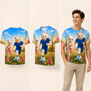 Soccer Flower Cone Goal all-over print T-Shirt — inferred back, three-quarter and natural model views — The Fluffy Fam