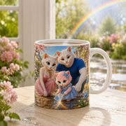 Representative lifestyle visualization of Spring Puddle Rainbow ceramic mug in a bright post-rain spring setting