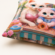 Sprinkle Donut Roll throw pillow detail showing polyester print texture, bottom stitching and concealed zipper