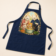 Sunday Soup Helpers Navy apron cotton-polyester twill, stitching, two front pockets, waist ties and adjustable neck strap detail